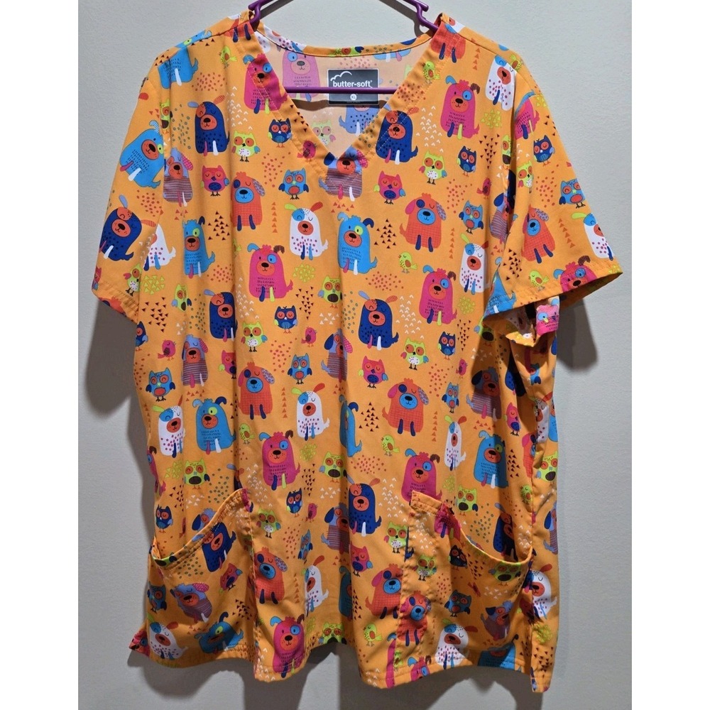 Butter-Soft Scrub Top Womens XL Orange Dog Owl Print Stretch V-Neck Pockets